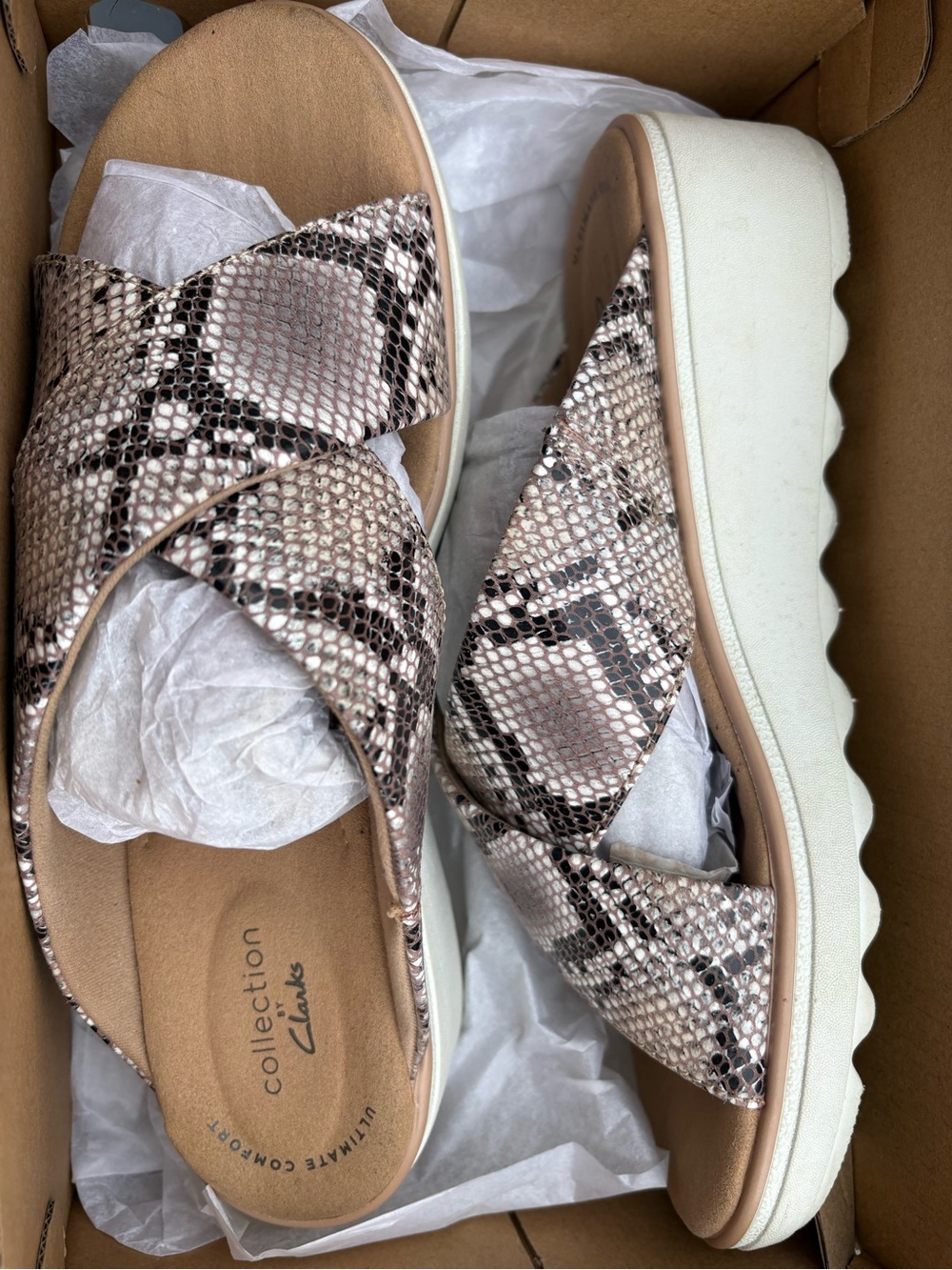 Clarks Women's Snake-Print Crossband Sandals - Taupe & Cream